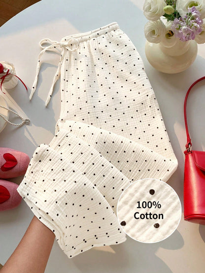 EZwear Women's Woven Polka Dot Pattern Tie Waist Wide Leg Pants Cotton Women White Summer For Vacation