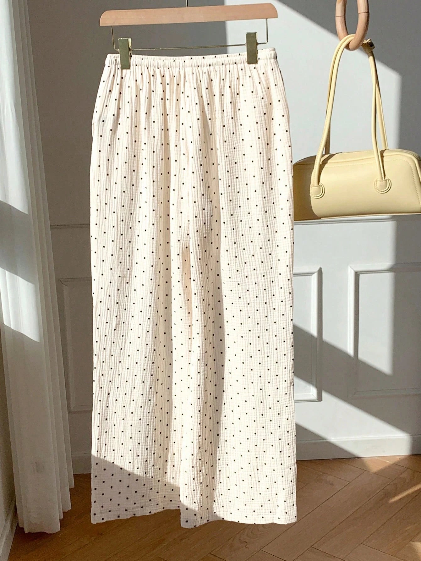 EZwear Women's Woven Polka Dot Pattern Tie Waist Wide Leg Pants Cotton Women White Summer For Vacation