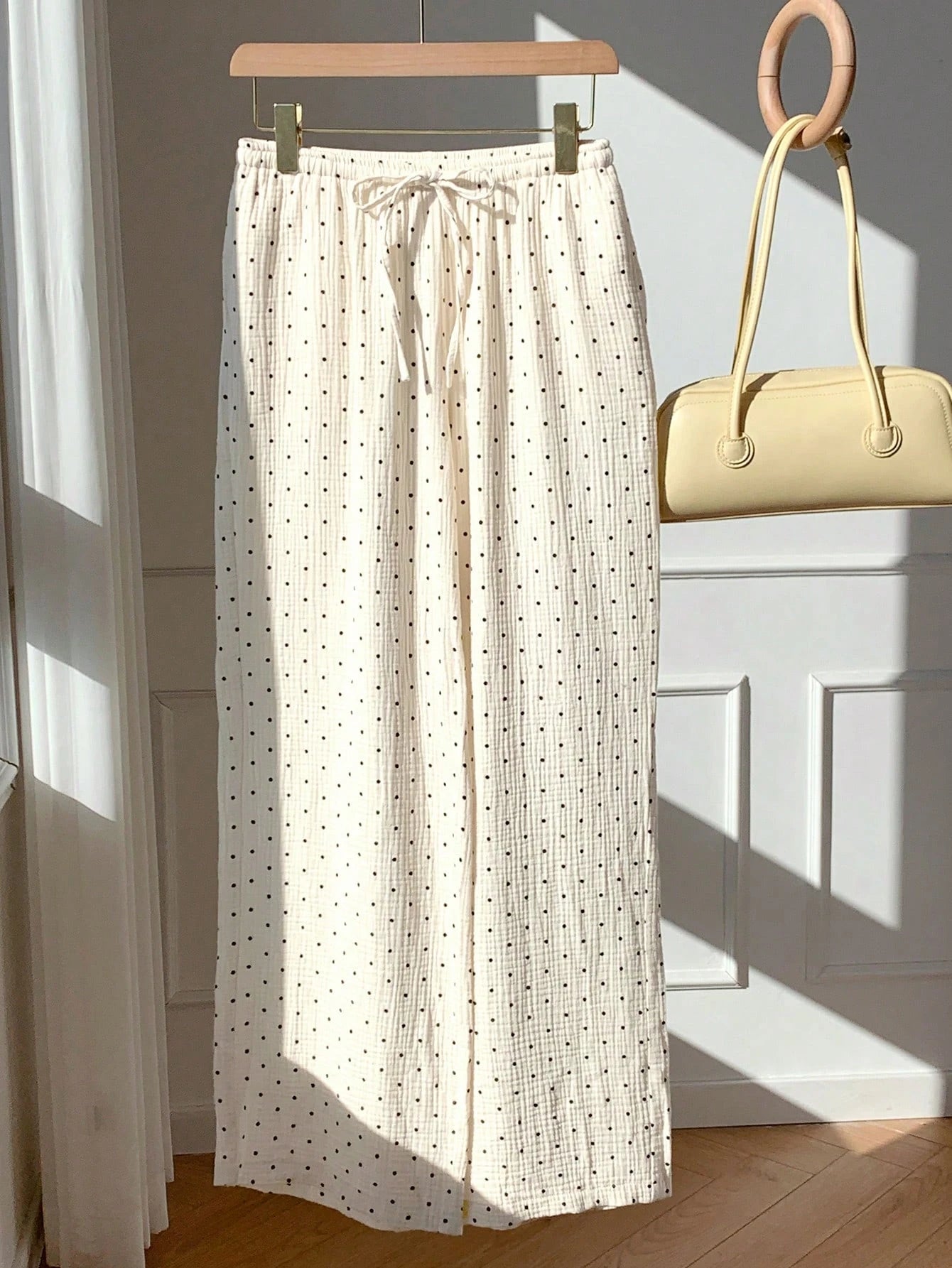 EZwear Women's Woven Polka Dot Pattern Tie Waist Wide Leg Pants Cotton Women White Summer For Vacation