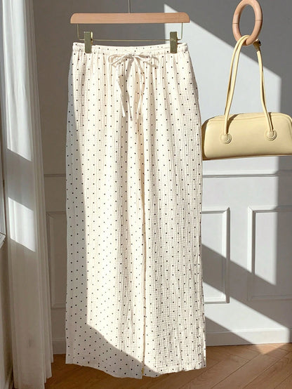 EZwear Women's Woven Polka Dot Pattern Tie Waist Wide Leg Pants Cotton Women White Summer For Vacation