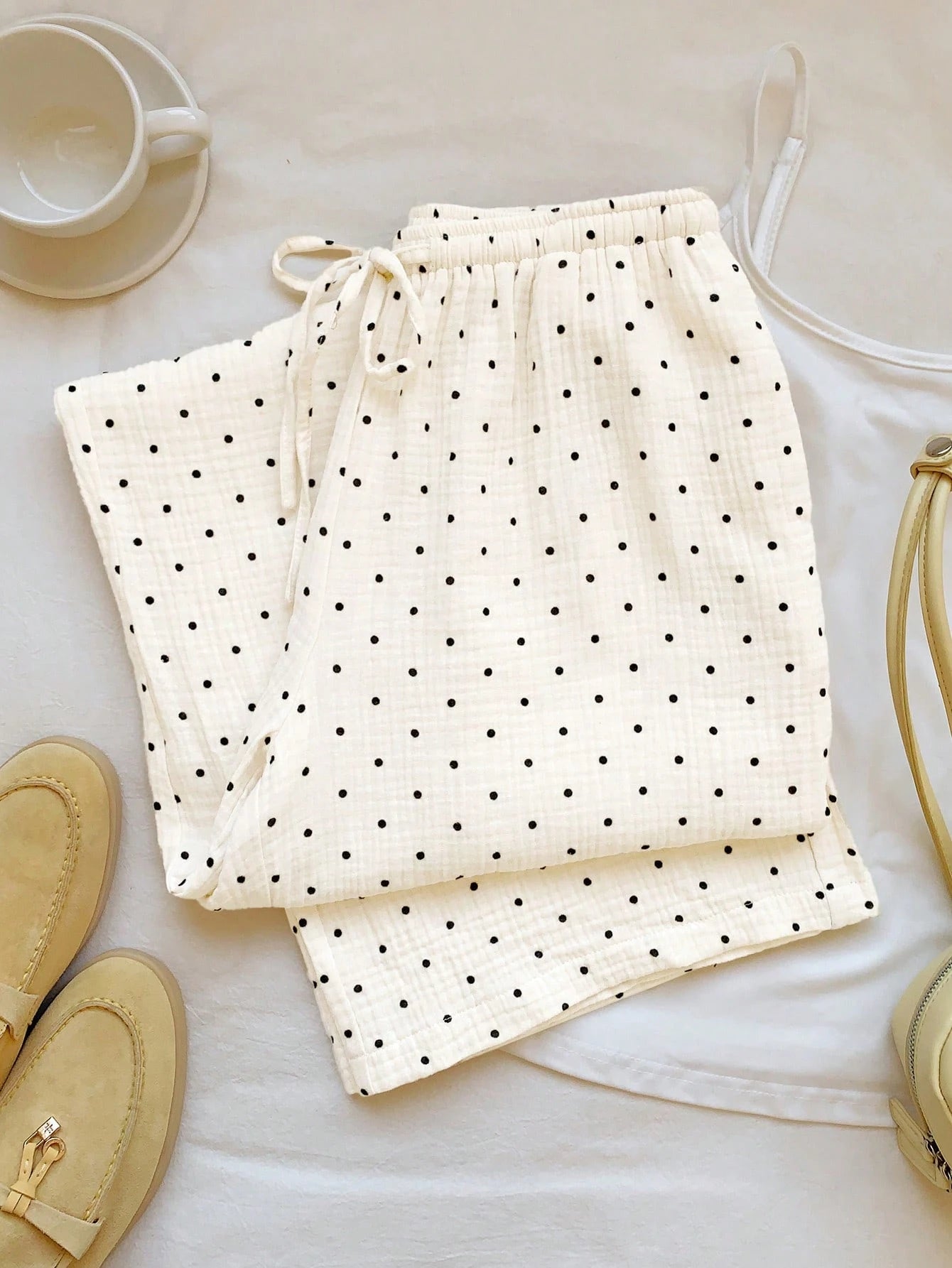 EZwear Women's Woven Polka Dot Pattern Tie Waist Wide Leg Pants Cotton Women White Summer For Vacation