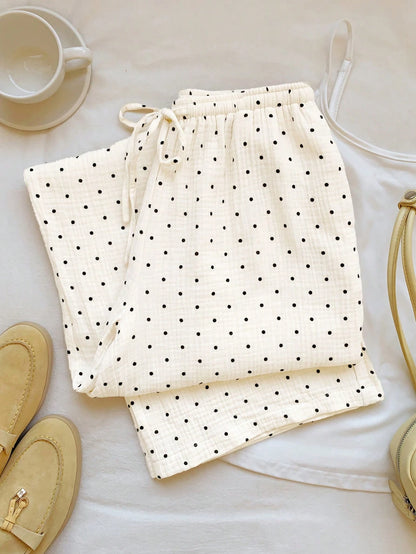 EZwear Women's Woven Polka Dot Pattern Tie Waist Wide Leg Pants Cotton Women White Summer For Vacation