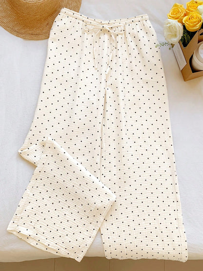 EZwear Women's Woven Polka Dot Pattern Tie Waist Wide Leg Pants Cotton Women White Summer For Vacation