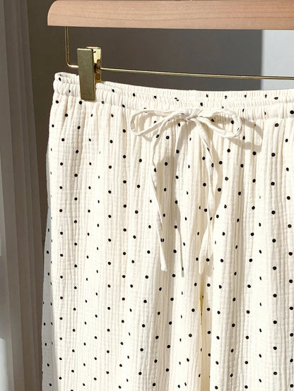 EZwear Women's Woven Polka Dot Pattern Tie Waist Wide Leg Pants Cotton Women White Summer For Vacation