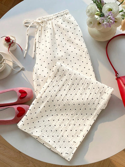 EZwear Women's Woven Polka Dot Pattern Tie Waist Wide Leg Pants Cotton Women White Summer For Vacation