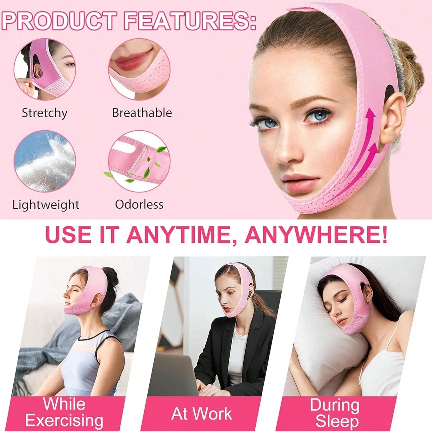 Facial Sleep Protection Product, Chin Exerciser, Chin Beauty Massager, Highly Breathable, Pink