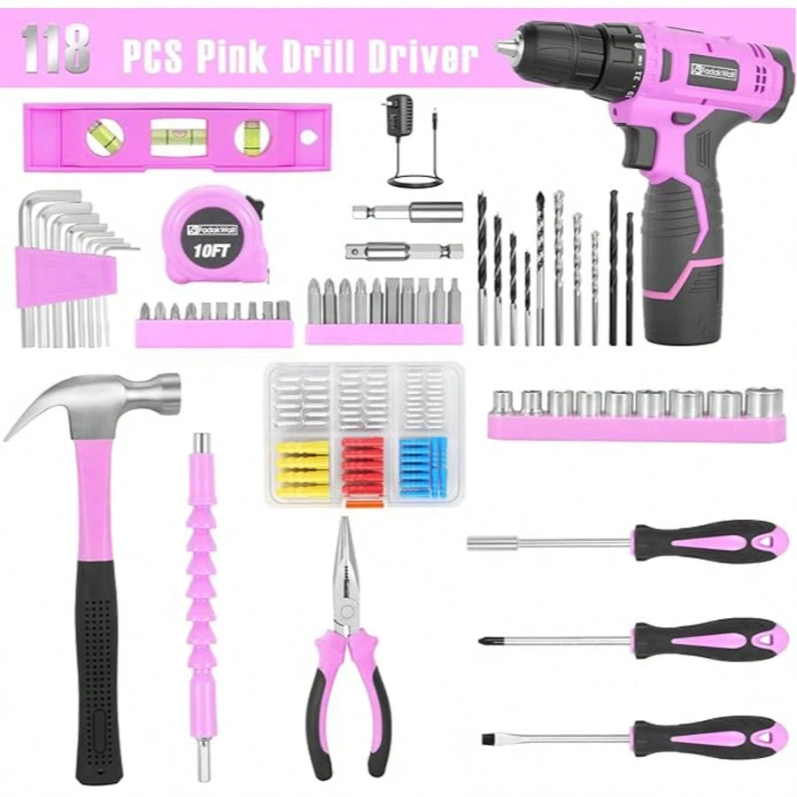 FADAKWALT Cordless Drill Set 118-Piece With LED Light, Electric Power Drill Kit With 180 In-Lbs Torque, Lightweight DIY Tool Set For Home Repair, Furniture Assembly And Car Maintenance