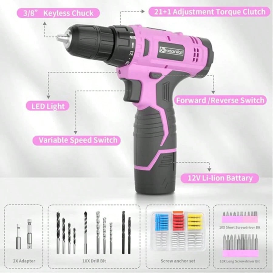 FADAKWALT Cordless Drill Set 118-Piece With LED Light, Electric Power Drill Kit With 180 In-Lbs Torque, Lightweight DIY Tool Set For Home Repair, Furniture Assembly And Car Maintenance