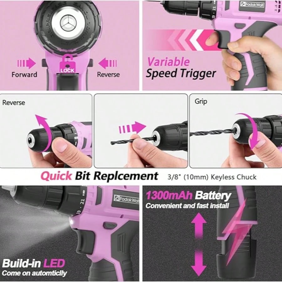 FADAKWALT Cordless Drill Set 118-Piece With LED Light, Electric Power Drill Kit With 180 In-Lbs Torque, Lightweight DIY Tool Set For Home Repair, Furniture Assembly And Car Maintenance