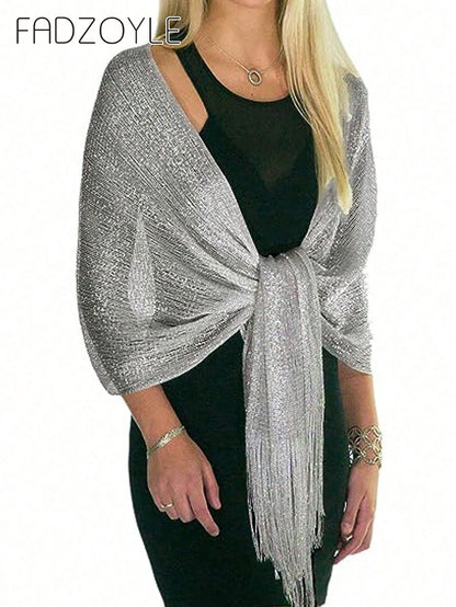 FADZOYLE 1pc Shiny Tassel Shawl Scarf, Summer Beach Dress Cardigan, Wedding Party Bride Bridesmaid Plus Size Travel Gift Accessory, Holiday