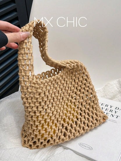 Fashion Polyester Yarn Handmade Woven Pattern Handbag, Fashion Summer Beach Vacation Crochet Bag, Suitable For Vacation, Shopping