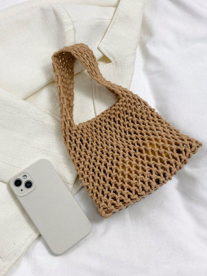 Fashion Polyester Yarn Handmade Woven Pattern Handbag, Fashion Summer Beach Vacation Crochet Bag, Suitable For Vacation, Shopping