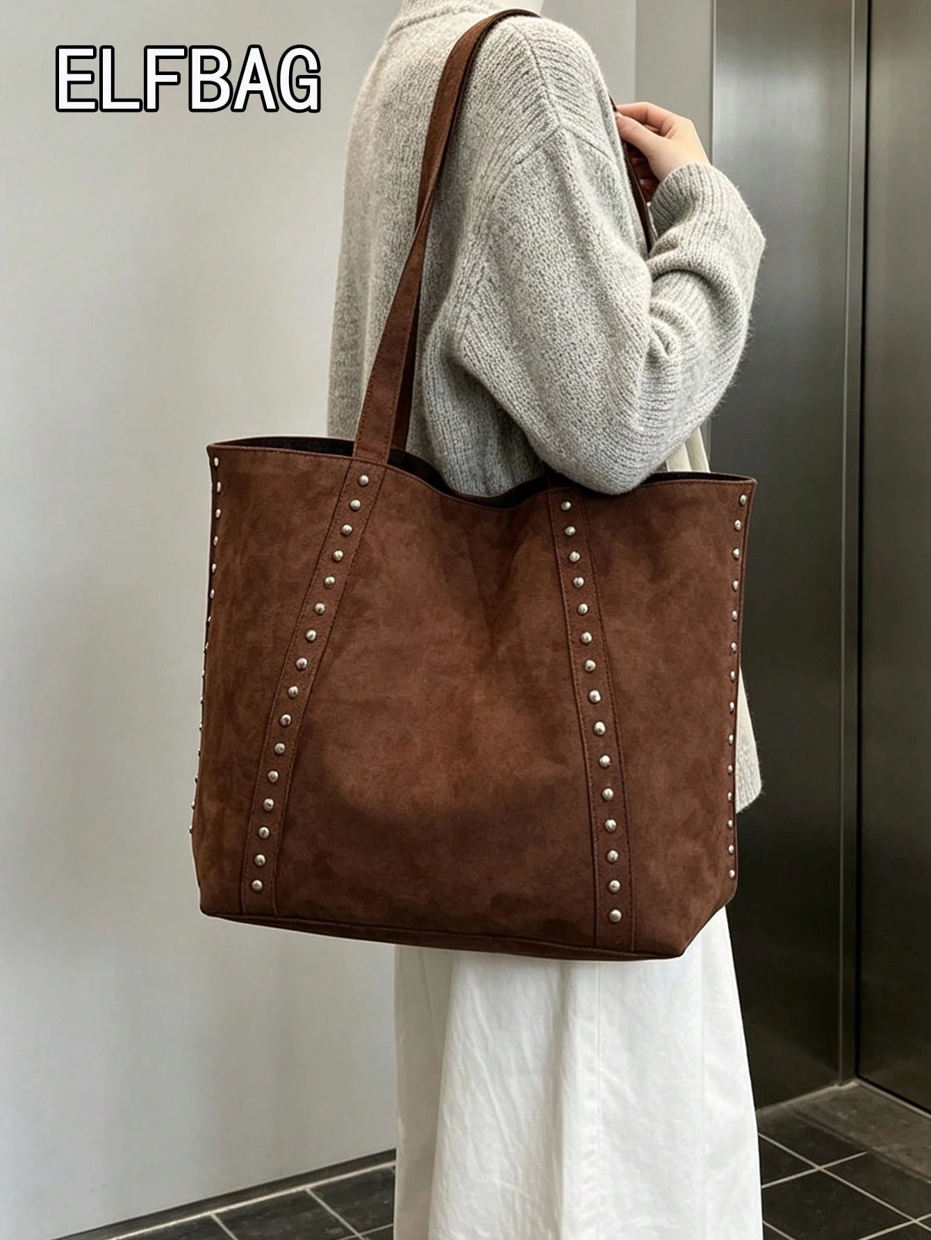 Fashionable Large Capacity Suede Tote Bag For Women, Minimalist Niche Design Rivet Shoulder Bag, Casual Versatile Vintage Underarm Bag, European And American College Style Large Bag For Women
