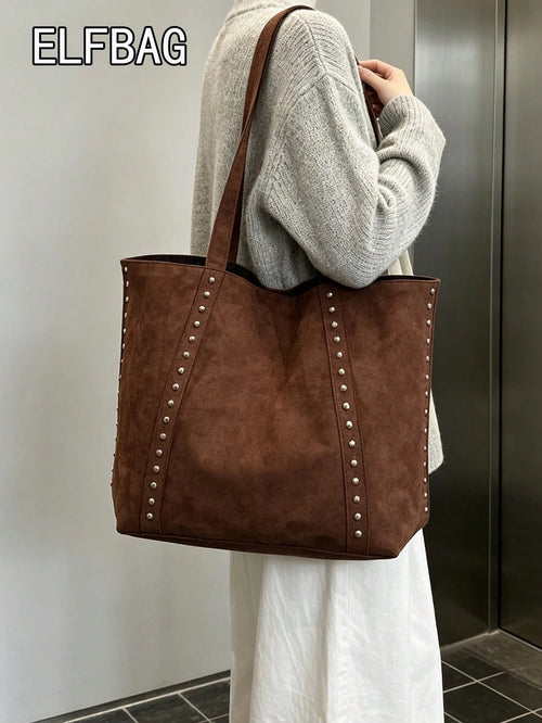 Fashionable Large Capacity Suede Tote Bag For Women, Minimalist Niche Design Rivet Shoulder Bag, Casual Versatile Vintage Underarm Bag, European And American College Style Large Bag For Women