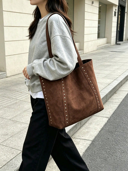 Fashionable Large Capacity Suede Tote Bag For Women, Minimalist Niche Design Rivet Shoulder Bag, Casual Versatile Vintage Underarm Bag, European And American College Style Large Bag For Women