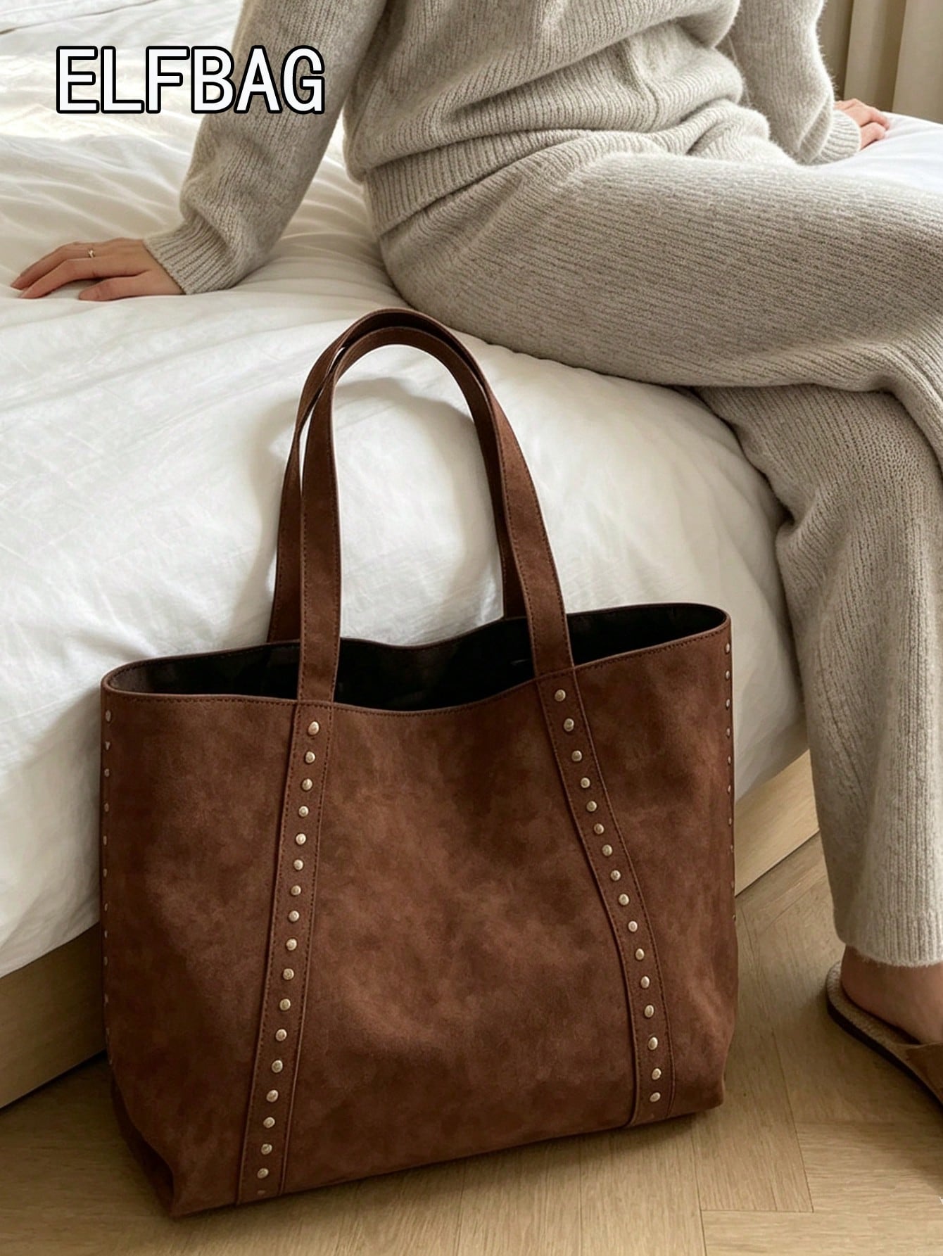 Fashionable Large Capacity Suede Tote Bag For Women, Minimalist Niche Design Rivet Shoulder Bag, Casual Versatile Vintage Underarm Bag, European And American College Style Large Bag For Women