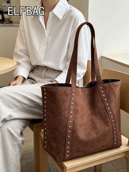 Fashionable Large Capacity Suede Tote Bag For Women, Minimalist Niche Design Rivet Shoulder Bag, Casual Versatile Vintage Underarm Bag, European And American College Style Large Bag For Women