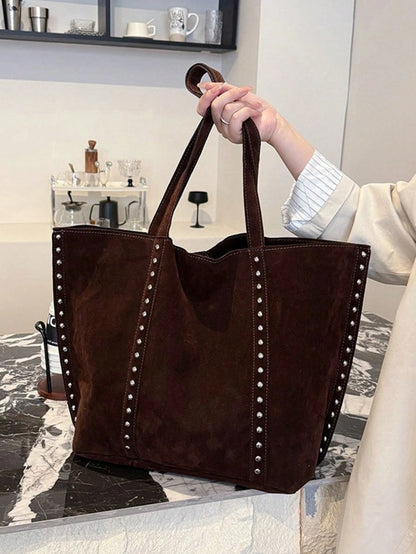 Fashionable Large Capacity Suede Tote Bag For Women, Minimalist Niche Design Rivet Shoulder Bag, Casual Versatile Vintage Underarm Bag, European And American College Style Large Bag For Women