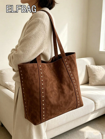 Fashionable Large Capacity Suede Tote Bag For Women, Minimalist Niche Design Rivet Shoulder Bag, Casual Versatile Vintage Underarm Bag, European And American College Style Large Bag For Women
