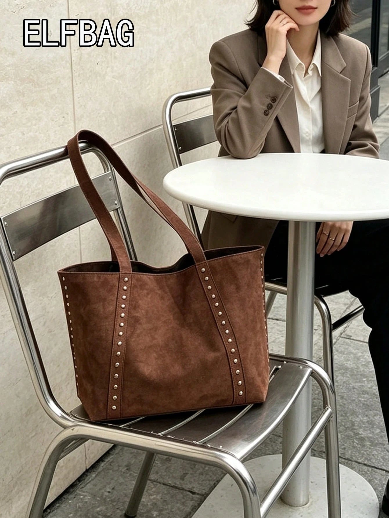 Fashionable Large Capacity Suede Tote Bag For Women, Minimalist Niche Design Rivet Shoulder Bag, Casual Versatile Vintage Underarm Bag, European And American College Style Large Bag For Women