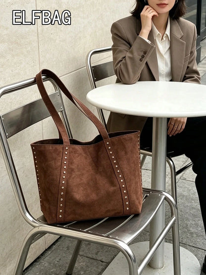 Fashionable Large Capacity Suede Tote Bag For Women, Minimalist Niche Design Rivet Shoulder Bag, Casual Versatile Vintage Underarm Bag, European And American College Style Large Bag For Women
