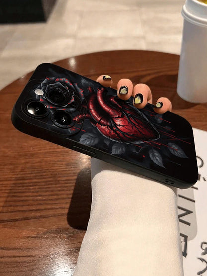 Fashionable Popular Personalized Anatomical Heart Black Rose Drip Pattern Design Theme Luxury Shockproof Aesthetic Cute Phone Case With Lens Protrusion Protection Compatible With For IPhone 17/17Pro/1