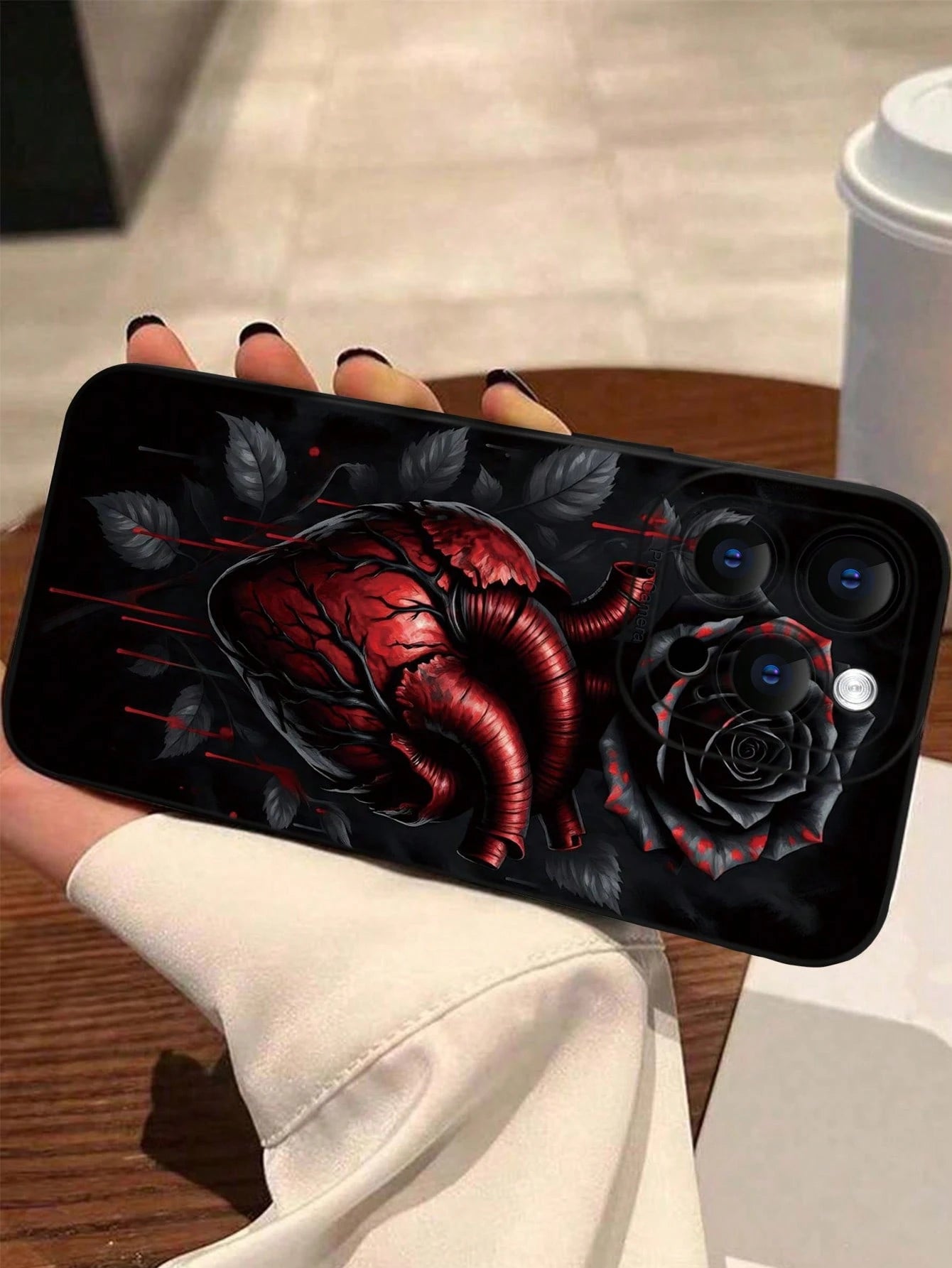 Fashionable Popular Personalized Anatomical Heart Black Rose Drip Pattern Design Theme Luxury Shockproof Aesthetic Cute Phone Case With Lens Protrusion Protection Compatible With For IPhone 17/17Pro/1