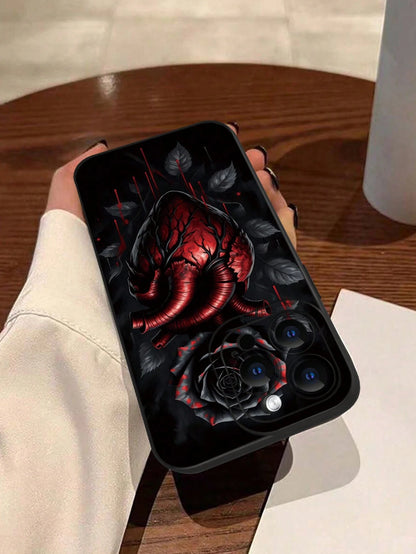 Fashionable Popular Personalized Anatomical Heart Black Rose Drip Pattern Design Theme Luxury Shockproof Aesthetic Cute Phone Case With Lens Protrusion Protection Compatible With For IPhone 17/17Pro/1