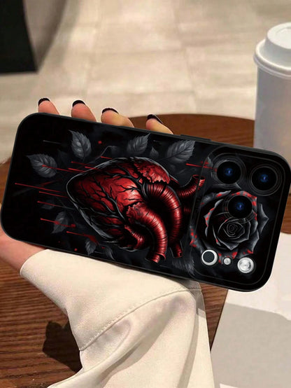Fashionable Popular Personalized Anatomical Heart Black Rose Drip Pattern Design Theme Luxury Shockproof Aesthetic Cute Phone Case With Lens Protrusion Protection Compatible With For IPhone 17/17Pro/1