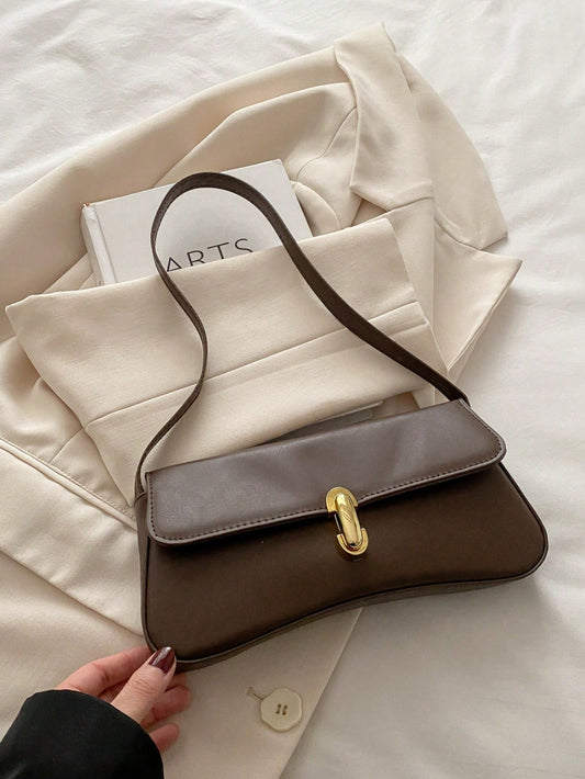 Fashionable Solid Color Metal Decor Shoulder Bag, Minimalist Elegant Style, Suitable For Shopping, Wallet, Young Women, College Students, Office Ladies. Great For Office, University, Work, Business, H
