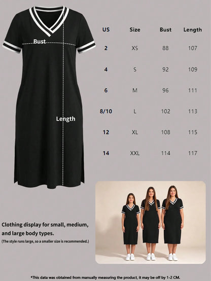 Fashionable Women's Loose & Simple V-Neck Short Sleeve Dress With Slit Hem, Summer Casual Black Elegant
