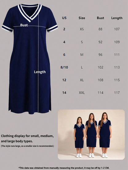 Fashionable Women's Loose & Simple V-Neck Short Sleeve Dress With Slit Hem, Summer Casual Black Elegant
