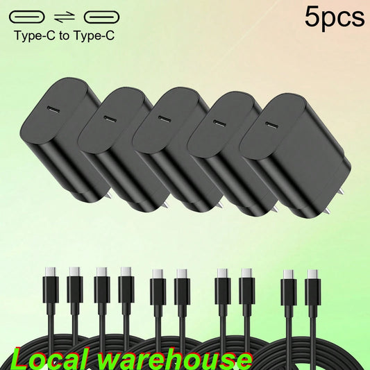 Fast Charging US Plug Type-A Type-B 110-127V Wall Charger 5-Pack Type-C Charger Kit (Charging Block + Type-C To Type-C Cable) Compatible With Galaxy S25/S24/S23/S22/S21 Local Warehouse Valentine's Day