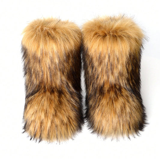 Faux Fur Snow Boots For Men Women,Non-Slip Winter Fuzzy Boots, Flat Heel Warm Boots, Furry Plush Short Snow Boot Mid-Calf Boots For Outdoor