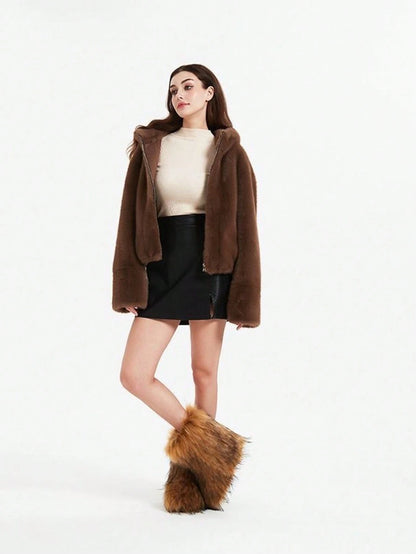 Faux Fur Snow Boots For Men Women,Non-Slip Winter Fuzzy Boots, Flat Heel Warm Boots, Furry Plush Short Snow Boot Mid-Calf Boots For Outdoor