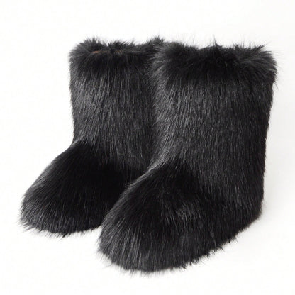 Faux Fur Snow Boots For Men Women,Non-Slip Winter Fuzzy Boots, Flat Heel Warm Boots, Furry Plush Short Snow Boot Mid-Calf Boots For Outdoor