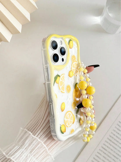 Faux Pearl 1pc Cream Wavy Lemon Painted Thick Shockproof Painted Phone Case With Beaded Bracelet Accessory, Compatible With IPhone 16/11/16pro/16plus/16promax/16e/15Promax/13/14/12/XS/XR/7G/8P, Galaxy