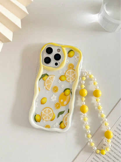 Faux Pearl 1pc Cream Wavy Lemon Painted Thick Shockproof Painted Phone Case With Beaded Bracelet Accessory, Compatible With IPhone 16/11/16pro/16plus/16promax/16e/15Promax/13/14/12/XS/XR/7G/8P, Galaxy