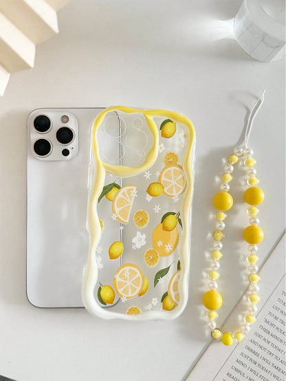 Faux Pearl 1pc Cream Wavy Lemon Painted Thick Shockproof Painted Phone Case With Beaded Bracelet Accessory, Compatible With IPhone 16/11/16pro/16plus/16promax/16e/15Promax/13/14/12/XS/XR/7G/8P, Galaxy