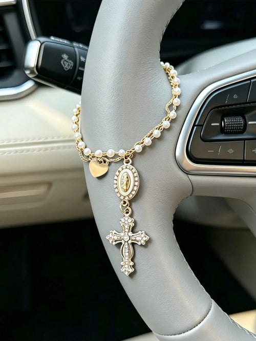 Faux Pearl Double-Layer Chain Car Hanging Chain Cross Car Interior Decoration European And American Steering Wheel Decoration Chain