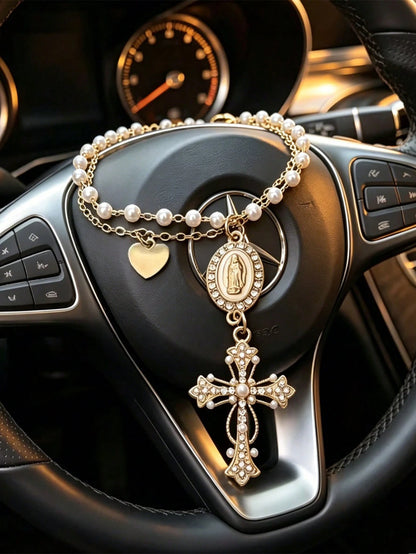 Faux Pearl Double-Layer Chain Car Hanging Chain Cross Car Interior Decoration European And American Steering Wheel Decoration Chain