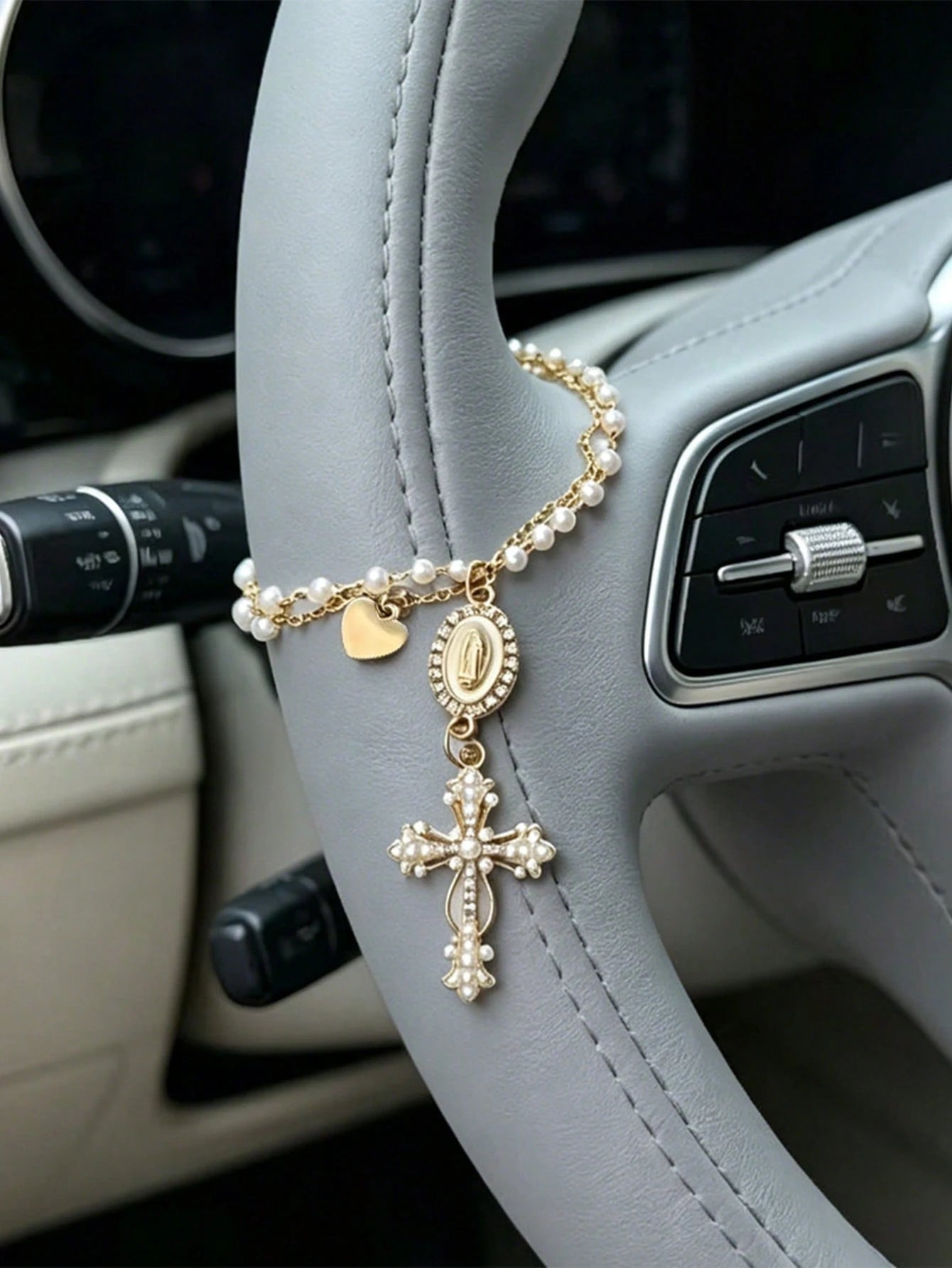 Faux Pearl Double-Layer Chain Car Hanging Chain Cross Car Interior Decoration European And American Steering Wheel Decoration Chain