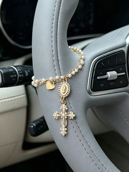 Faux Pearl Double-Layer Chain Car Hanging Chain Cross Car Interior Decoration European And American Steering Wheel Decoration Chain