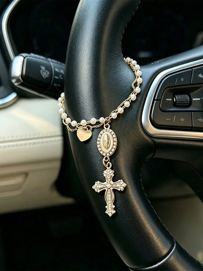 Faux Pearl Double-Layer Chain Car Hanging Chain Cross Car Interior Decoration European And American Steering Wheel Decoration Chain