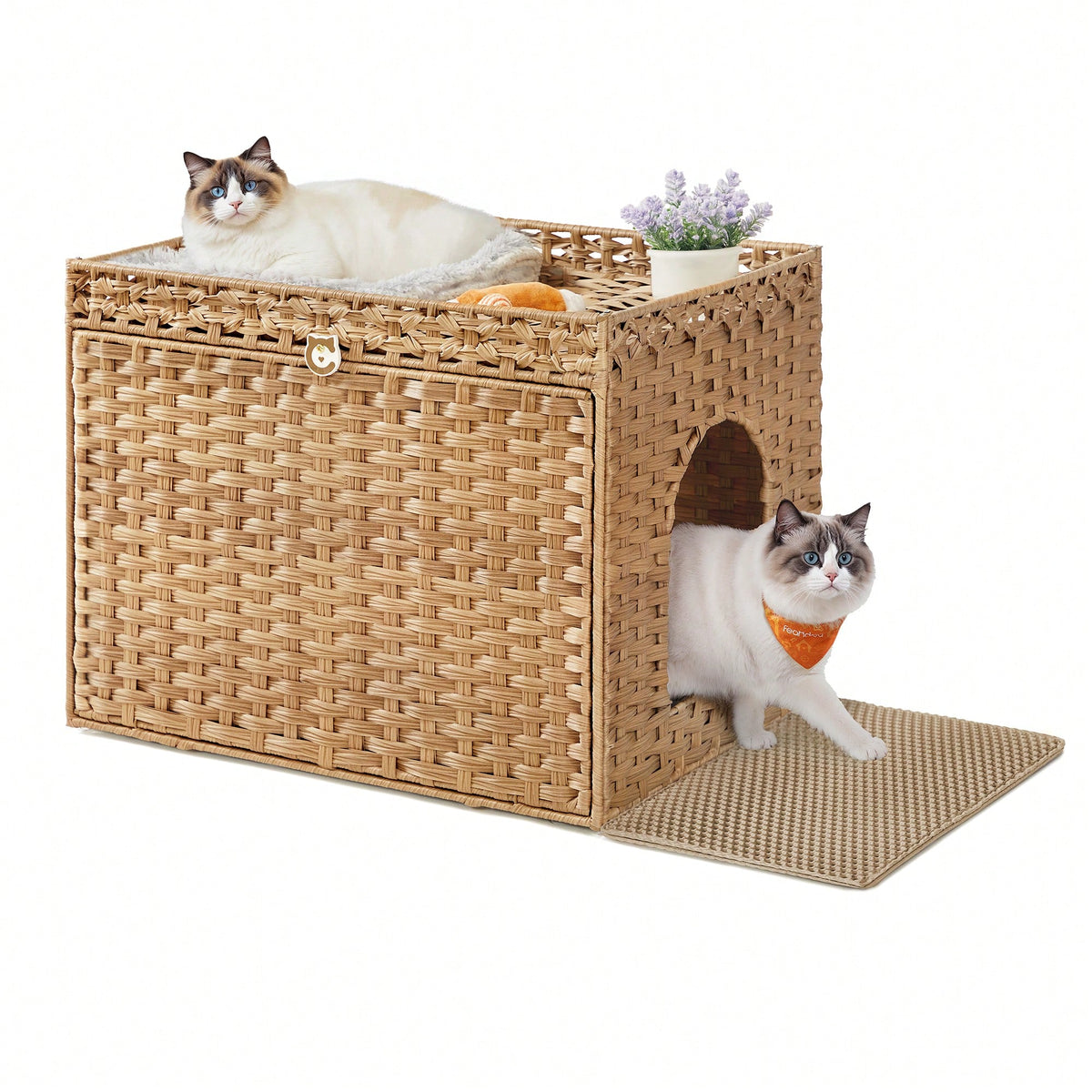 Feandrea Cat Litter Box Enclosure, Handwoven Rattan Hidden Litter Box Furniture With Extra Litter Mat, Removable Washable Tray, Boho Cat House, End Table