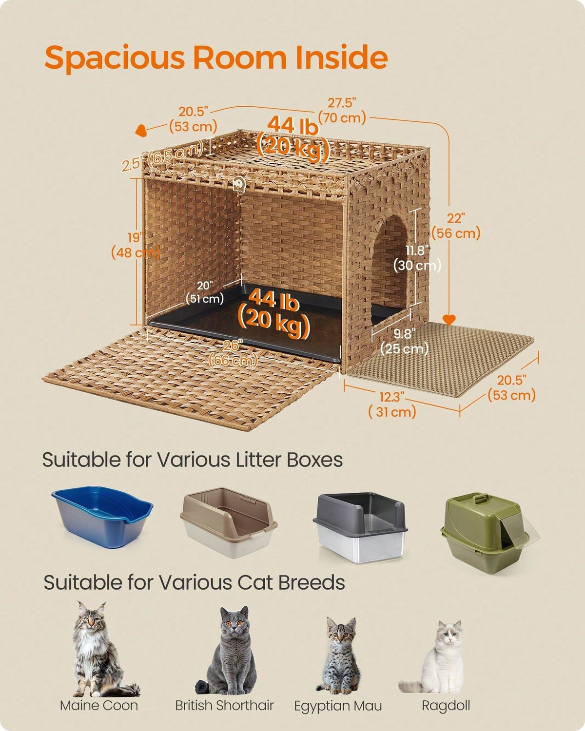 Feandrea Cat Litter Box Enclosure, Handwoven Rattan Hidden Litter Box Furniture With Extra Litter Mat, Removable Washable Tray, Boho Cat House, End Table