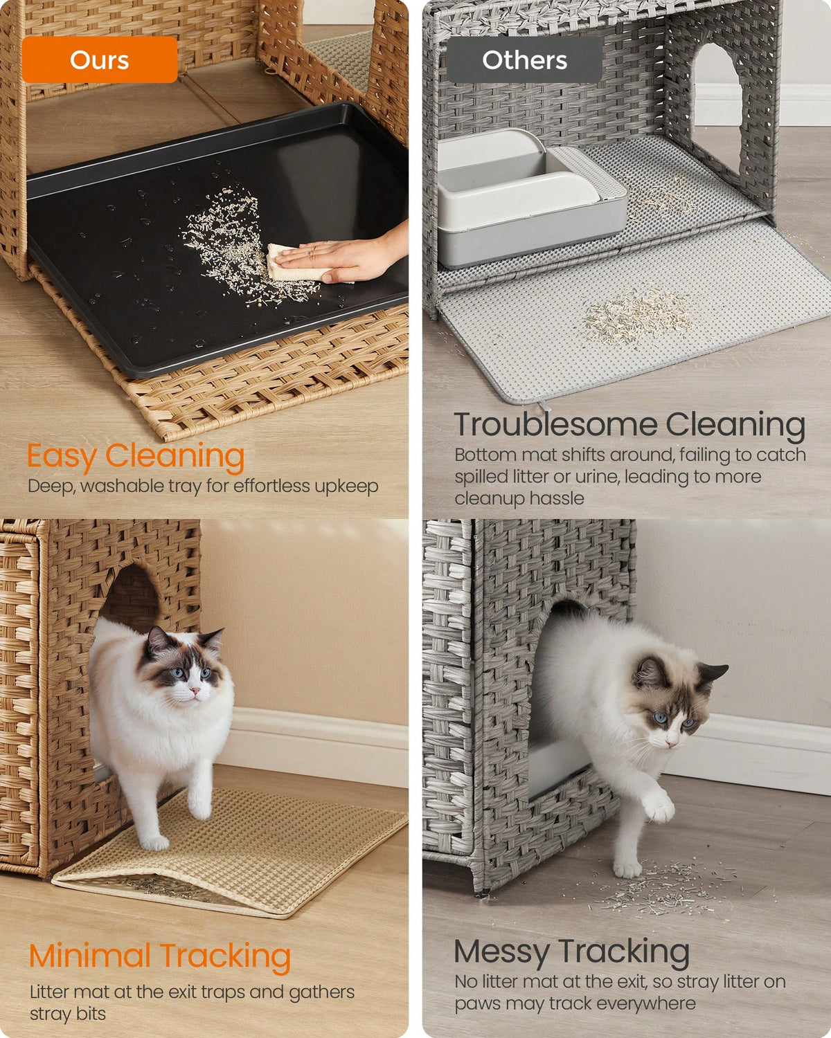 Feandrea Cat Litter Box Enclosure, Handwoven Rattan Hidden Litter Box Furniture With Extra Litter Mat, Removable Washable Tray, Boho Cat House, End Table