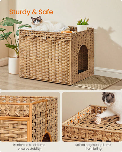 Feandrea Cat Litter Box Enclosure, Handwoven Rattan Hidden Litter Box Furniture With Extra Litter Mat, Removable Washable Tray, Boho Cat House, End Table