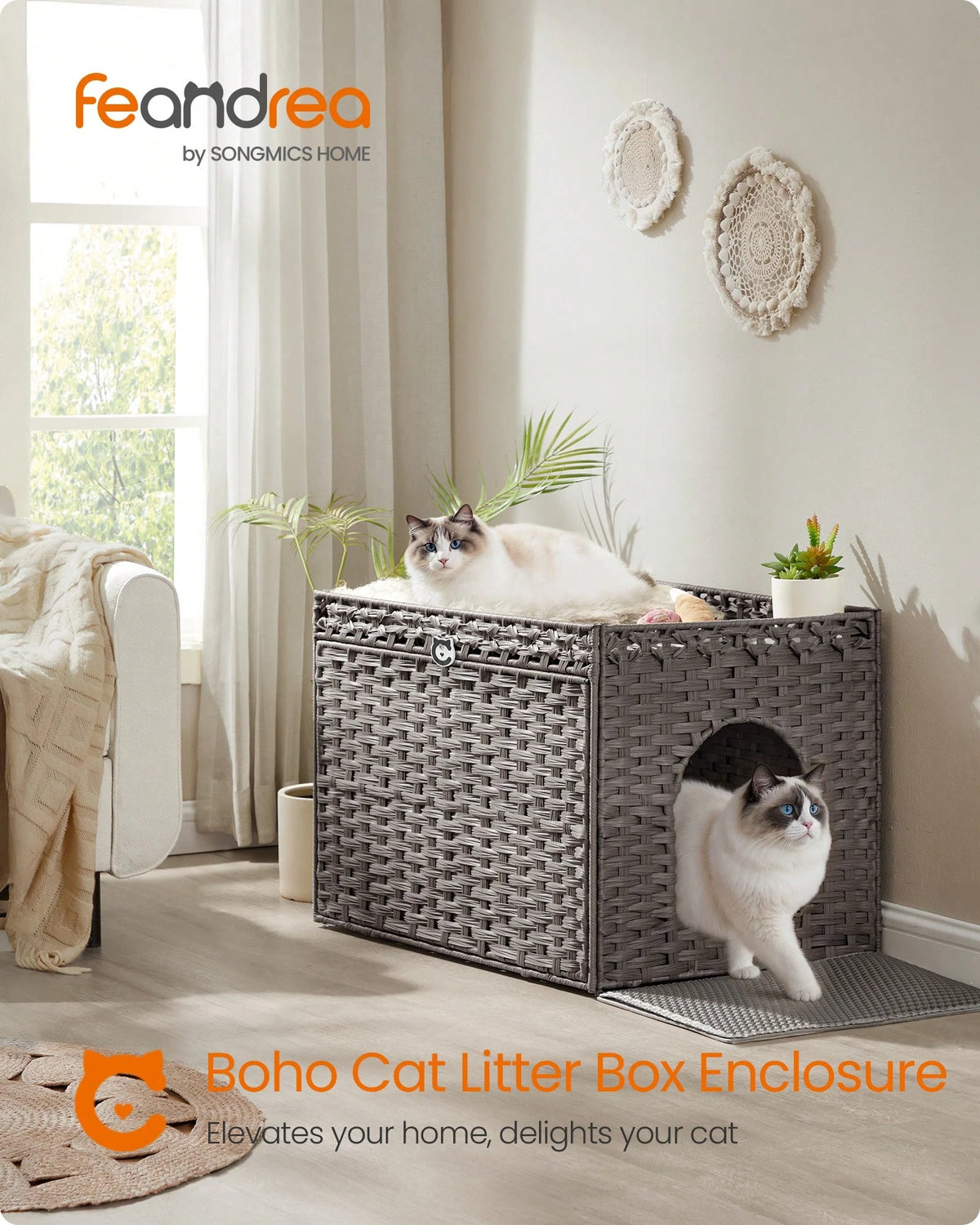 Feandrea Cat Litter Box Enclosure, Handwoven Rattan Hidden Litter Box Furniture With Extra Litter Mat, Removable Washable Tray, Boho Cat House, End Table