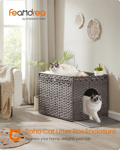 Feandrea Cat Litter Box Enclosure, Handwoven Rattan Hidden Litter Box Furniture With Extra Litter Mat, Removable Washable Tray, Boho Cat House, End Table